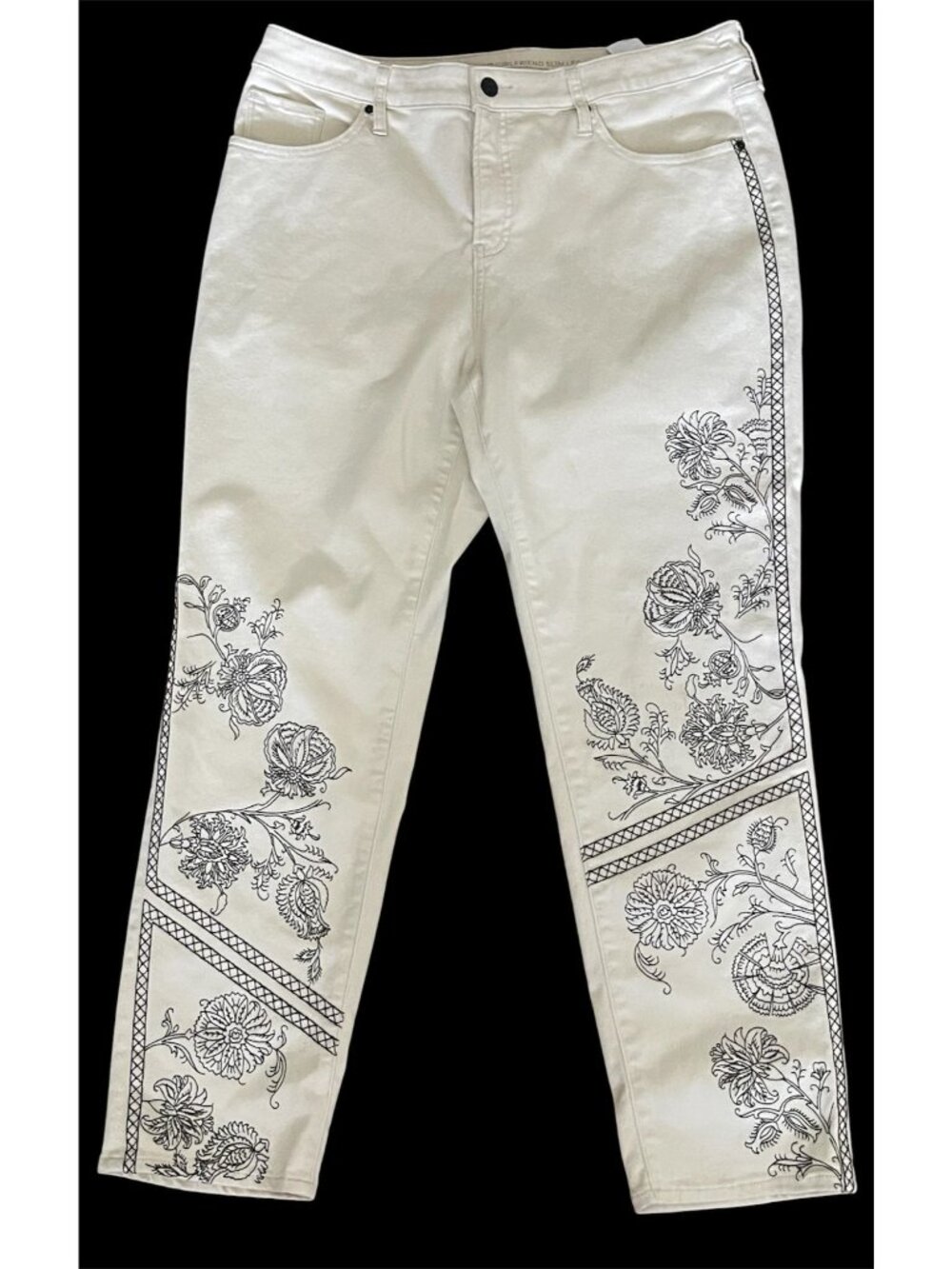 Chico's Size 12R (2R) So Slimming Girlfriend Slim Leg Embroidered Artsy Jeans